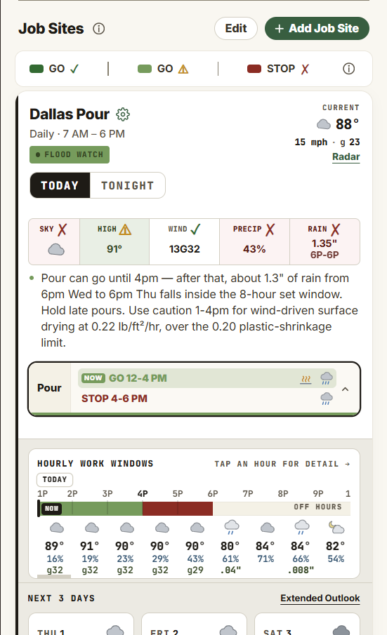 DecideWeather Job Sites screen