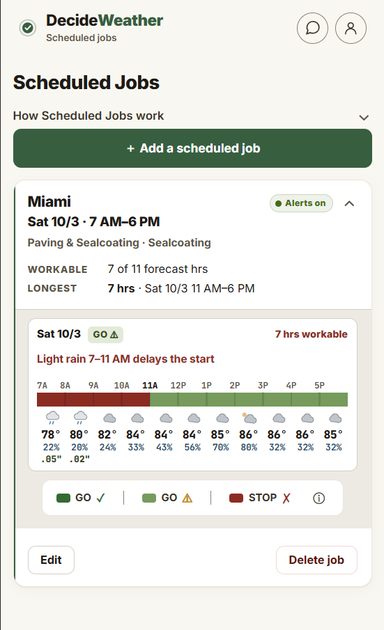 DecideWeather Scheduled Jobs screen