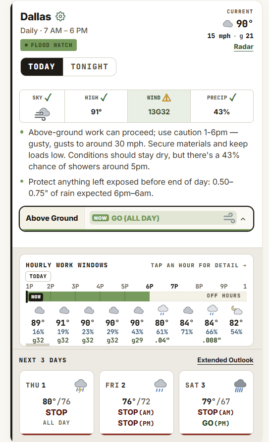 The DecideWeather app showing a General construction job site, with a separate call for each operation