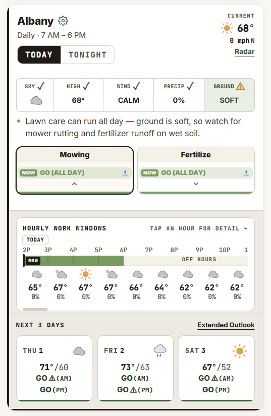 The DecideWeather app showing a Lawn care job site, with a separate call for each operation