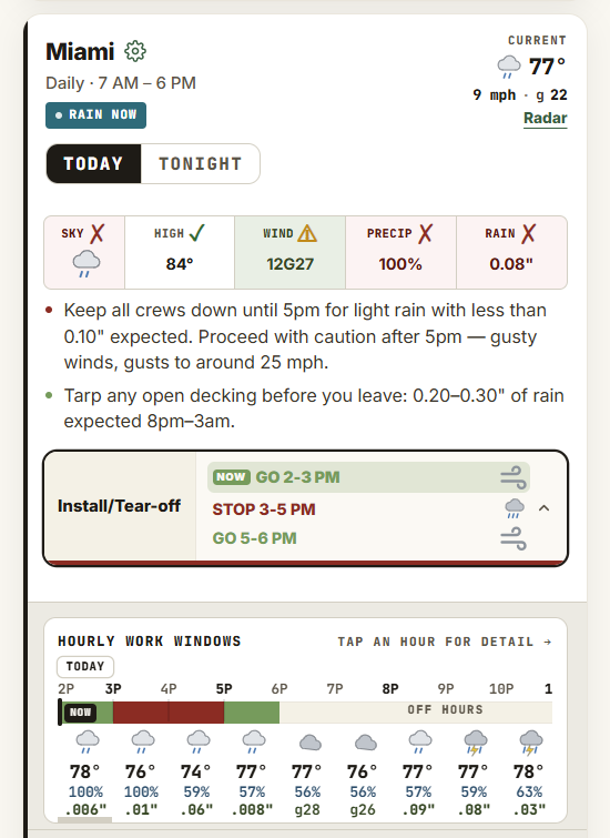 The DecideWeather app showing a Roofing job site, with a separate call for each operation