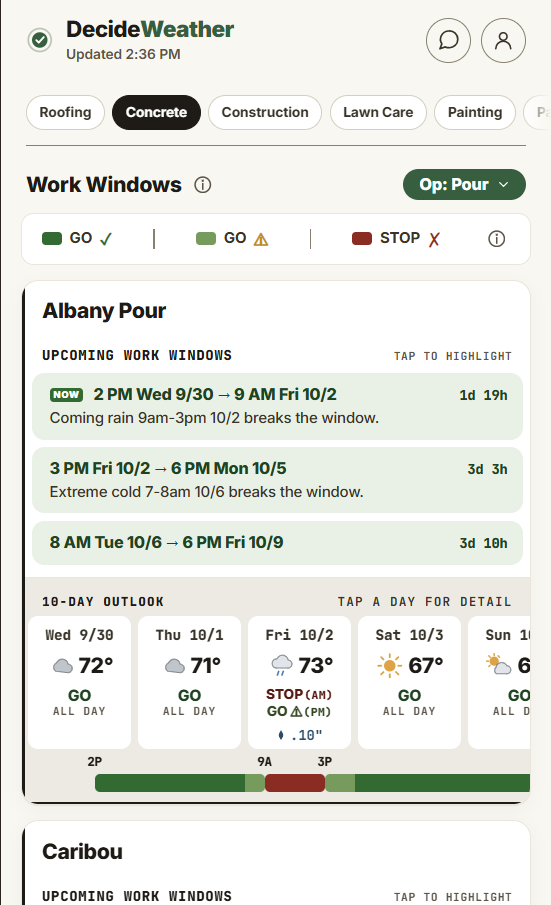The DecideWeather Work Windows screen — upcoming windows and the 10-day outlook for one operation